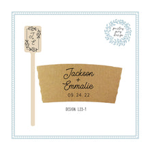 Load image into Gallery viewer, Personalized Natural Brown Kraft Custom Coffee Sleeve, White Cups, Black Lids and Matching Stirrers - Script Name + Name Graphic - Wedding