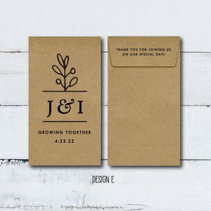 Custom Design Two-Sided Print 100% Recycled Brown Kraft Personalized Seed Packets - Optional Seeds - Wedding Favors - FREE U. S. SHIPPING