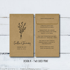 Custom Design Two-Sided Print 100% Recycled Brown Kraft Personalized Seed Packets - Optional Seeds - Wedding Favors - FREE U. S. SHIPPING