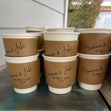 Load image into Gallery viewer, Personalized Coffee Sleeves or Sleeves Cups Lids - Optional Stirrers - Custom Text or Graphic - Font Choice - FREE U. S. SHIPPING