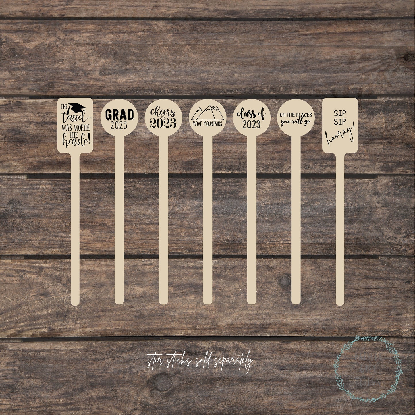 Custom GRADUATION Themed Natural Brown Kraft Coffee Sleeves, White Cups, Black Lids - Custom Graphic Choice - Optional Grad Stir Sticks